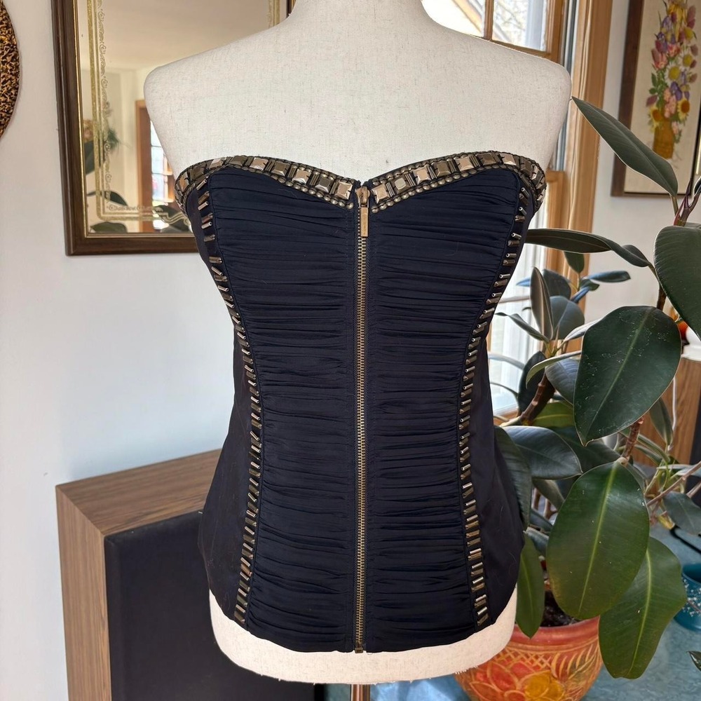 BEBE Black Beaded Corset Top Y2K Front Zip Ruffle Studded Grunge Festival L